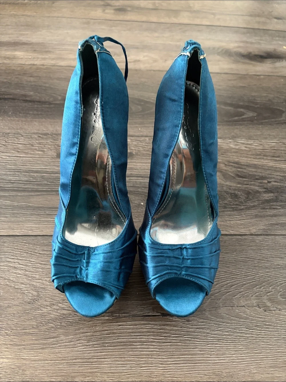 2 Lips Too Teal Blue Satin Colorful Abstract Peep-Toe Platform Heels